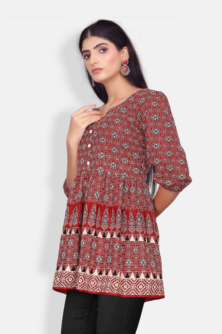 maroon printed flared kurti